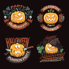 4 Halloween logo with pumpkins on a dark background in retro style.