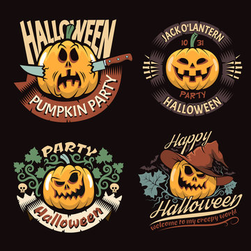 Emblems with Halloween pumpkin in a vintage style. Vector illustration.