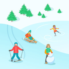 Kids playing outdoor winter games. Boys and girls in warm clothes making snowman, skiing, sledding, ice skating on Christmas holidays. Snowy vector background. Children winter activities banner