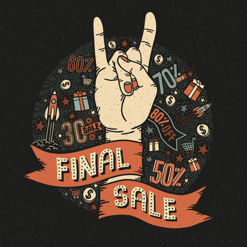 Final sale vintage retro poster with a heavy metal hand gesture, heavy metal and small decorative elements. Vector illustration.