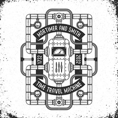 Fantastic time machine in the steampunk doodle style with grungy background. Black and white vector layered illustration.