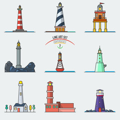Vector set of cartoon line art lighthouses. Searchlight towers for maritime navigation guidance. Ocean beacon light vector tower lighthouse. Vector illustration.