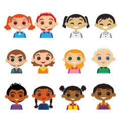 Kids of different nationality. Child Avatar set. Cartoon happy smiling Girls and boys of different colors, countries and nations. Vector illustration