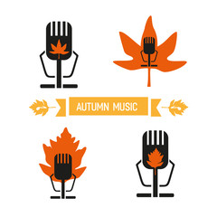 Music set. Retro microphone on stand icon. Media logo in vintage style. Isolated on white. Profeccional broadcast equipment. Ribbon with text autumn music. Vector illustration.