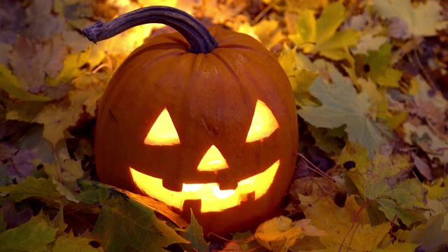 Halloween - a pumpkin lit upp by candles  surrounded by falling autumn leaves.