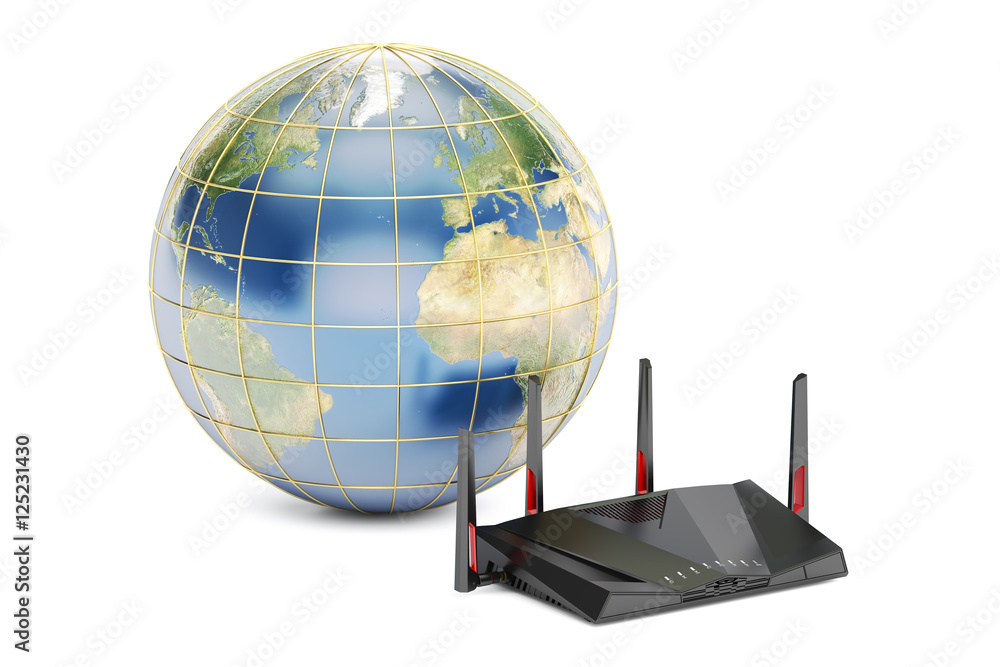 Poster global networking connection concept, earth with modern router.