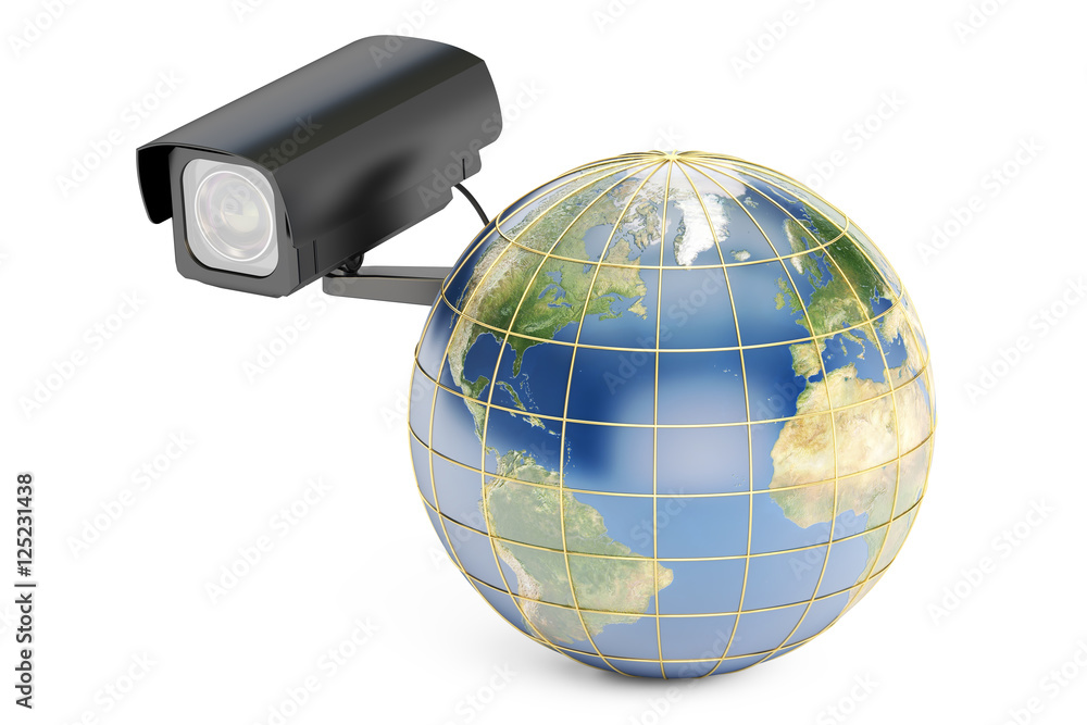 Poster global security system concept, earth with security camera. 3d r