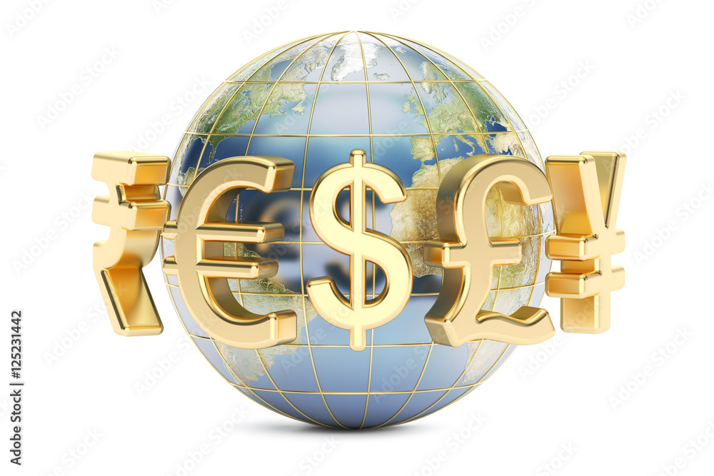 Poster globe with currency symbols, 3d rendering