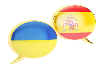 Speech bubbles, Ukrainian-Spanish translation concept. 3D render © alexlmx