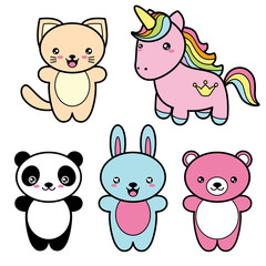 Set collection of cute kawaii style happy smiling animals.