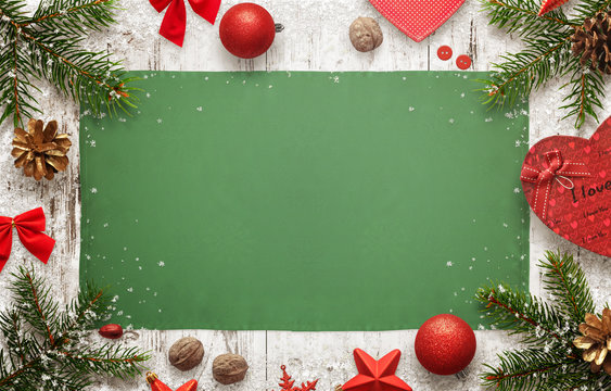 Christmas winter table background image with Christmas decorations and free space for greeting text.