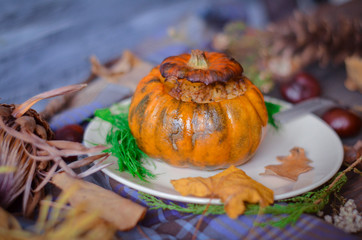 Pumpkin baked with meat on wooden background