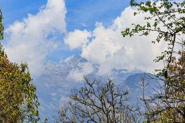 Mountain range and cloudy blue sky