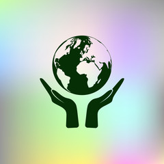 Flat paper cut style icon of two hands holding Earth