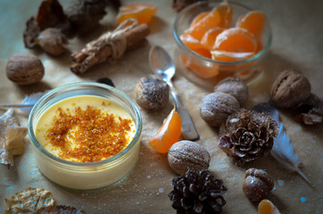 Cream Brulee on Decorative Christmas Background