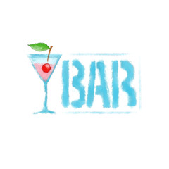 Watercolor illustration with a picture of a cocktail and an inscription: BAR.