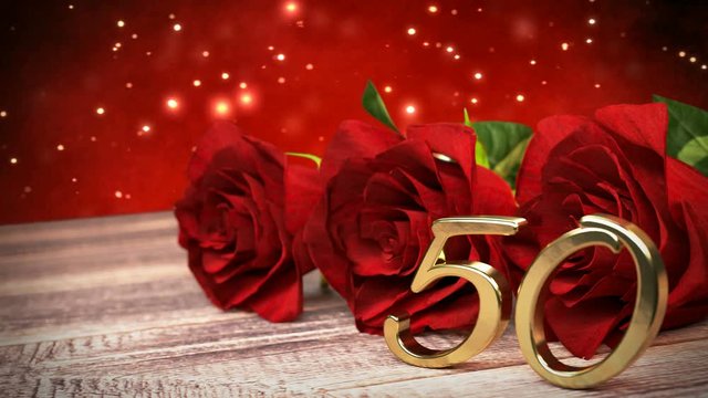 seamless loop birthday background with red roses on wooden desk. fiftieth birthday. 50th. 3D render