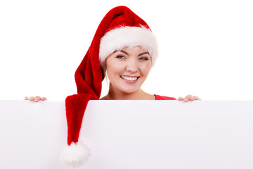 Woman with blank empty banner board. Christmas