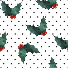 Holly polka dot seamless pattern. Christmas vector ornament for  textile and wrapping.