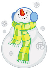 Cute snowman with scarf and snowflakes. 