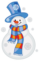 Cute snowman with scarf, hat and snowflakes. 