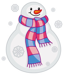Cute snowman with scarf and snowflakes.