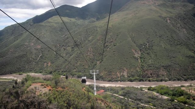 View of the aerial tram passing through Chicamocha Canyon in Santander, Colombia