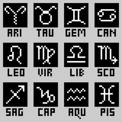 vector pixel art set of zodiac signs in black and white with name