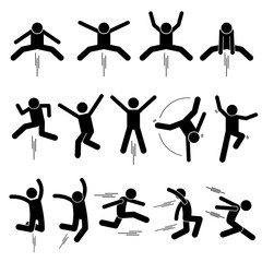 Fototapeta na wymiar Various Jumper Human Man People Jumping Stick Figure Stickman Pictogram Icons