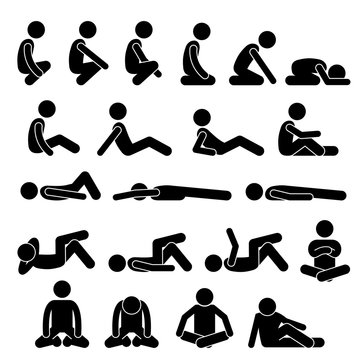 Various Squatting Sitting Lying Down on the Floor Postures Positions Human Man People Stick Figure Stickman Pictogram Icons