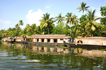 Kerala backwaters with boat and palm trees on the background.