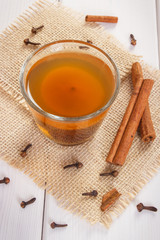 Traditional compote of dried fruits and spices on boards