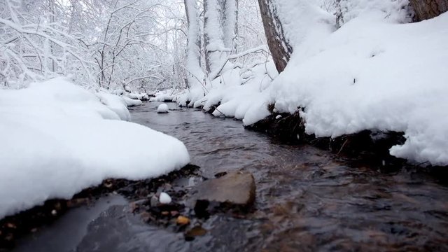 Small creek in winter snowy forest among snow banks. Novosibirsk, Siberia, Russia