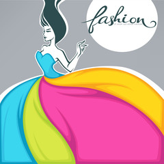 girl in dress look like a colorful fabric, fashion banner, card,