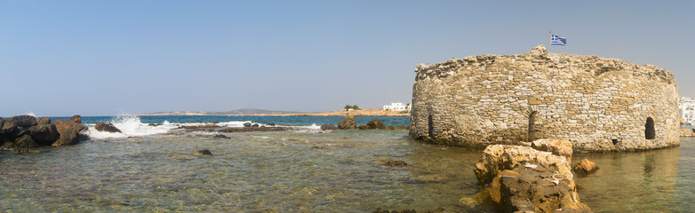 Kastelli castle of Paros island in Greece. An old Venetian fortress at Naoussa village. Panoramic view.
