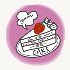 Cake strawberry and word watercolor painting illustration