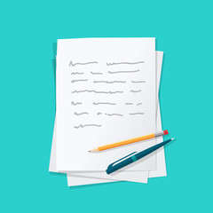 Writing letter text content paper sheets pile with abstract written text with pen and pencil top vector illustration, message, education, author workplace isolated on color background