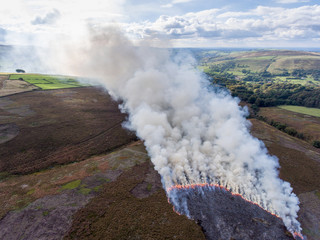 From above: thick white smoke from burning grass and heather. Derbyshire