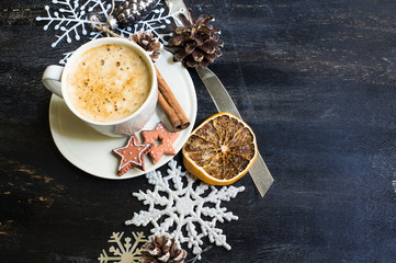 Cup of cappuccino with festive decor