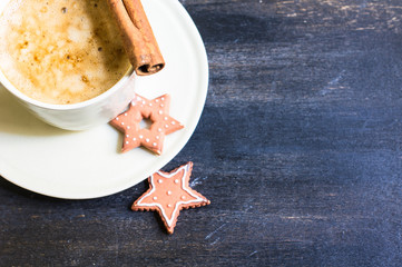 Cup of cappuccino with festive decor