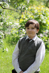 Schoolboy  in spring blossoming garden