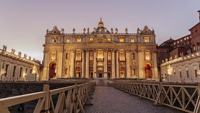 Time-lapse of St. Peter's Basilica at sunset in Rome, Italy