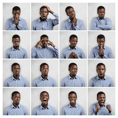 Set of African man dressed in blue shirt showing different emotions: sadness, surprise, anger....