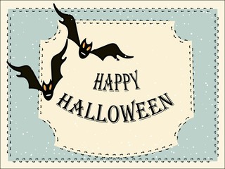 Vintage congratulations card Happy halloween, black bats and bare feet on beige and blue background, vector illustration