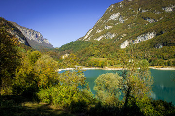 Fototapeta na wymiar Lago di Tenno - turquoise lake in Italian Alps
