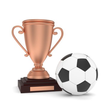 Isolated bronze cup with ball on white background. Soccer and football. Third place trophy. Game and competition. 3D rendering