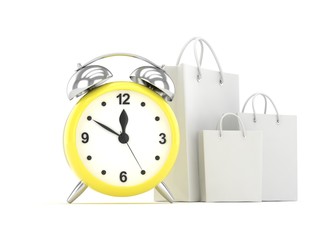 alarm clock and shopping bag (time to buy concept). 3d rendering.