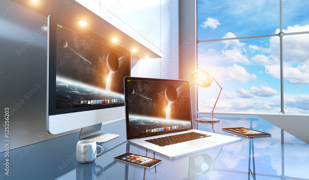 Aufkleber modern glass desk interior with computer and devices 3d renderin