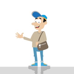 a young man with a bag. worth it. in sports shoes. in jeans. vector illustration of cartoon