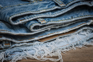 Closeup stack of old jean